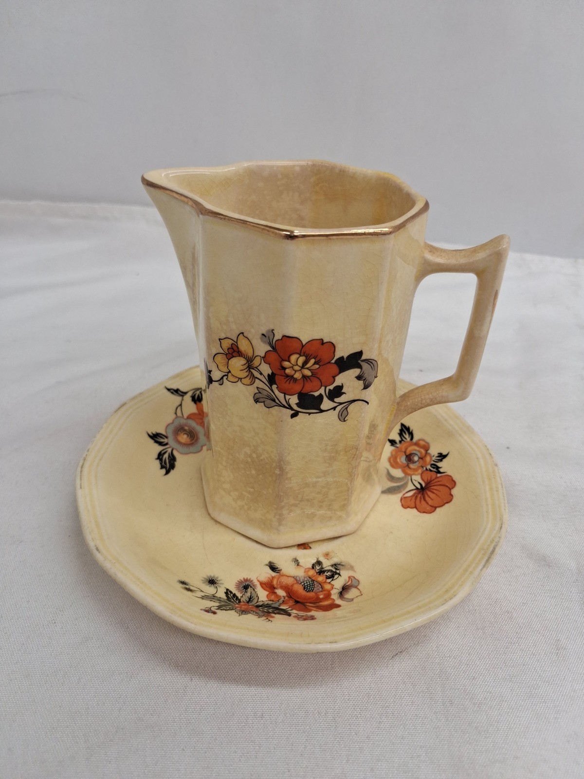 Vintage American Limoges Floral Pattern Yellow Creamer Pitcher & Saucer Set SB