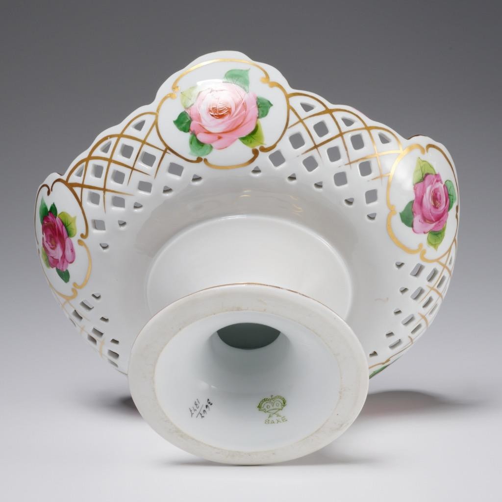 Saxe Germany Reticulated Pink Rose Porcelain Pedestal Compote Bowl Dish 9″ Pair