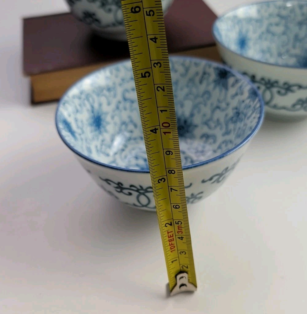 4 Yokohama Studio Japanese Porcelain Ramen Serving Bowl 5″ Blue/White Arabesque