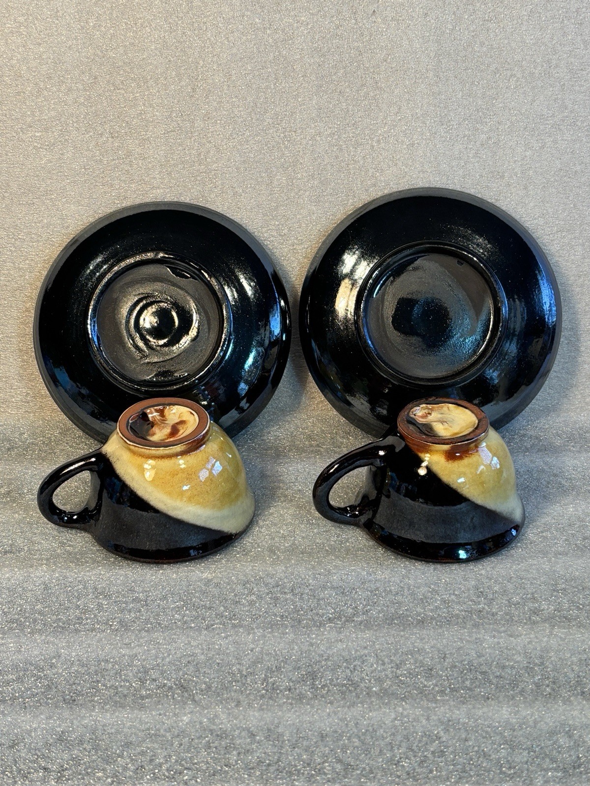 Studio Ceramic Pottery 2 cups & 2 Saucers Hand-Made Black Brown Yellow