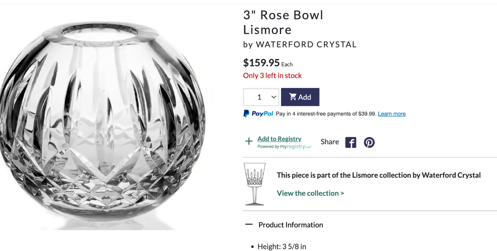 Waterford Lismore Rose Bowl 3.5″ Tall 4″ Wide MINT Condition