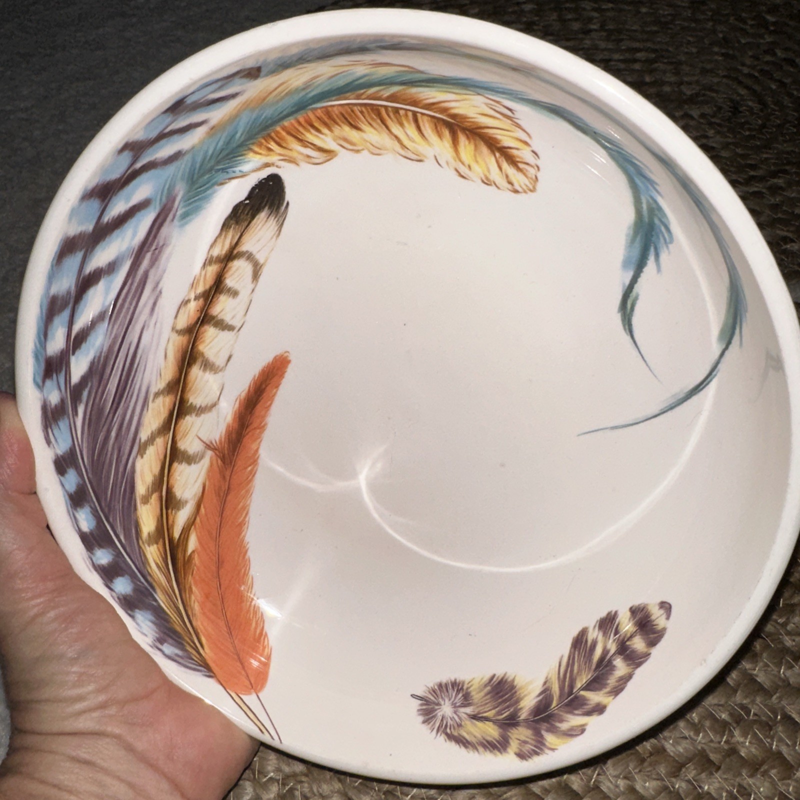Pier 1 Imports Ironstone Feather 8” Bowl Wrap Around Design Boho Discontinued