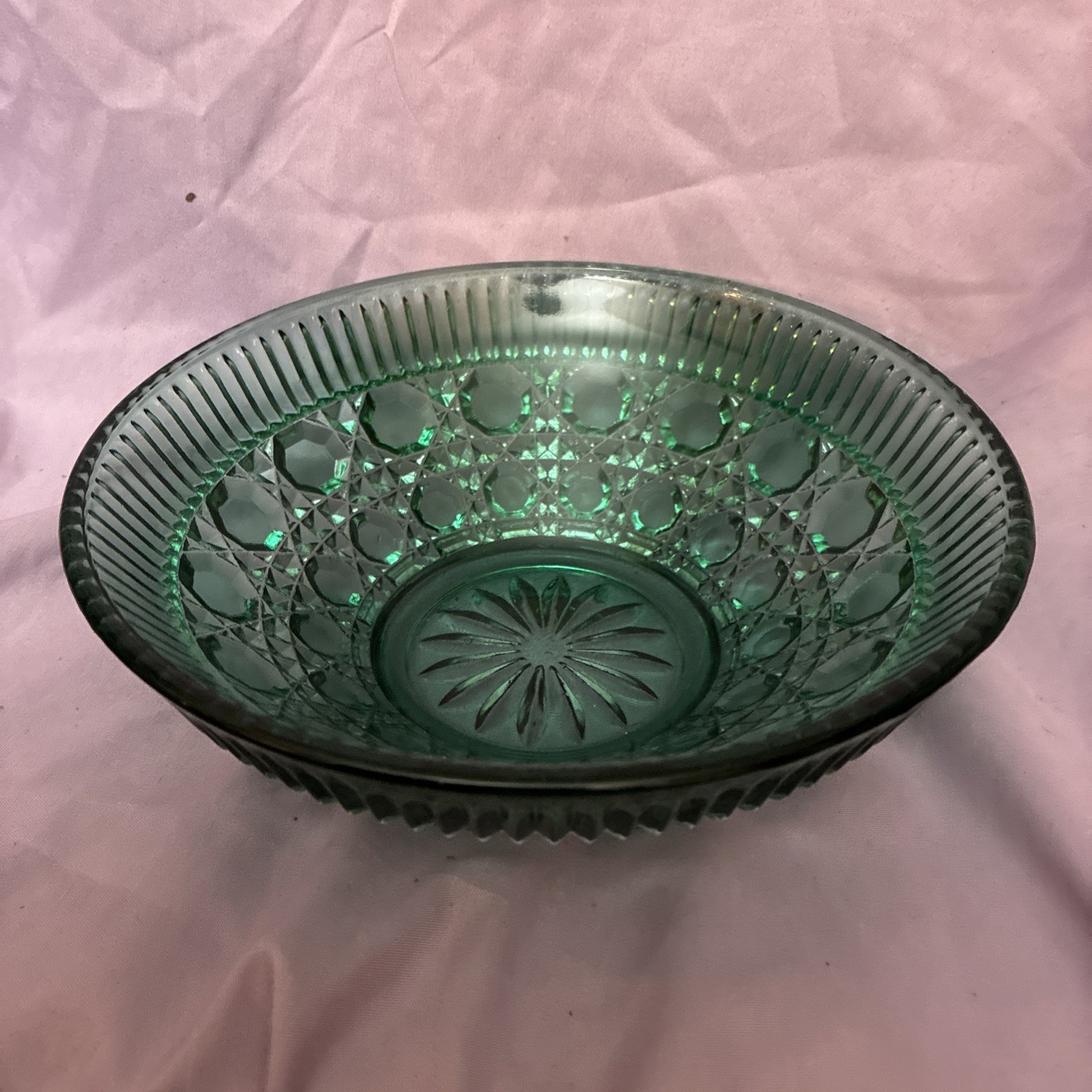 Indiana Glass Windsor Button Cane Emerald Green Covered Candy Dish Vintage