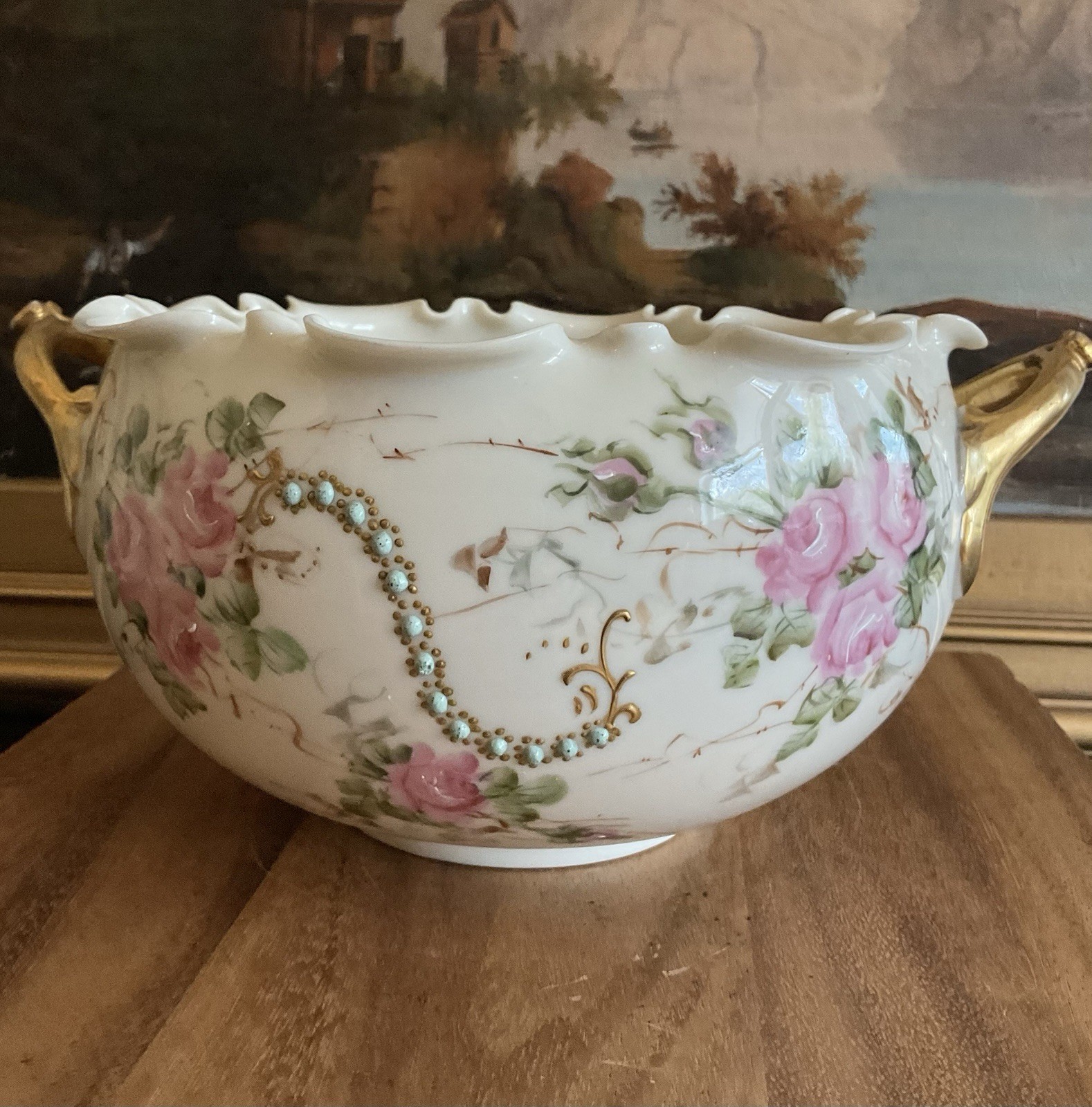 WILLETS BELLEEK Hand Painted Roses HANDLED BOWL Ruffle Rim Antique Late 19th CE