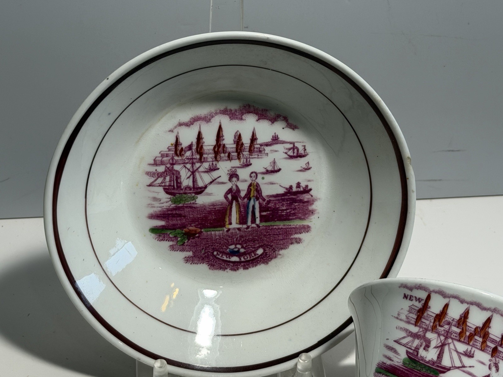 Historical Staffordshire Porcelain Cup and Saucer With View Of New York Ca. 1840