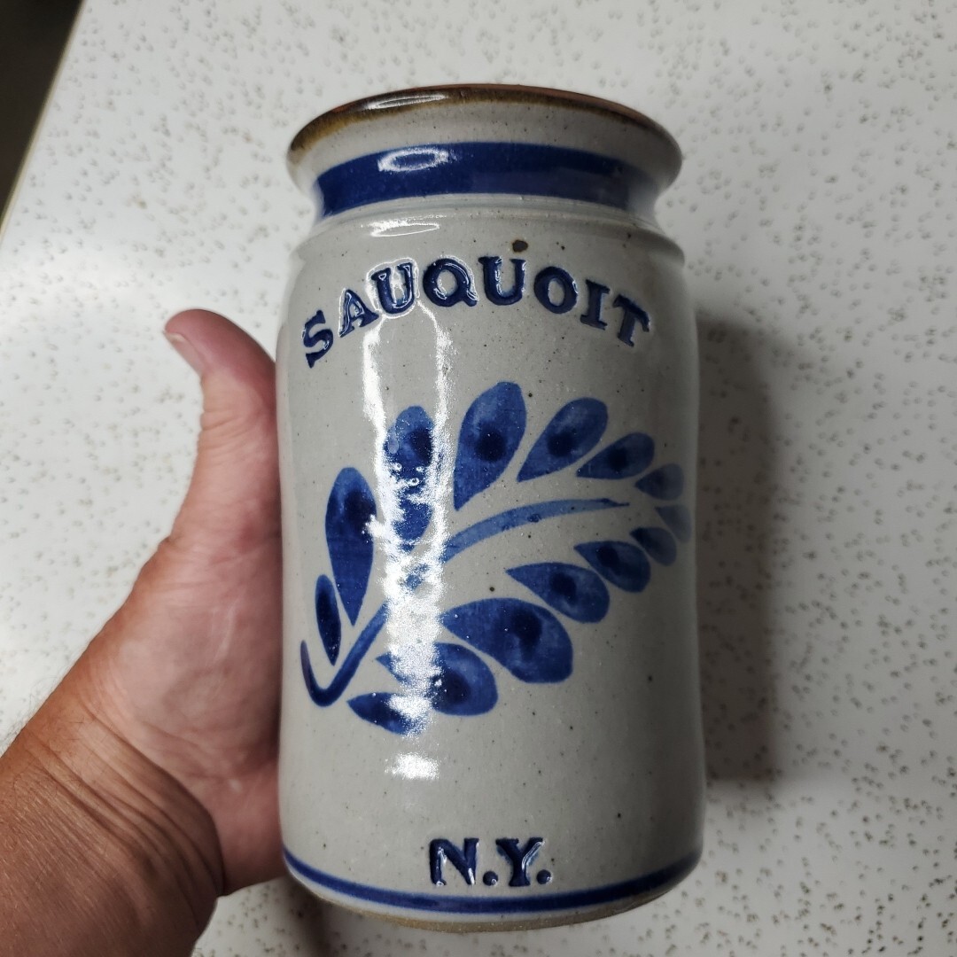 Westerwald style Salt Glazed Stoneware Pottery Crock Sauquoit NY Gray Blue Tan