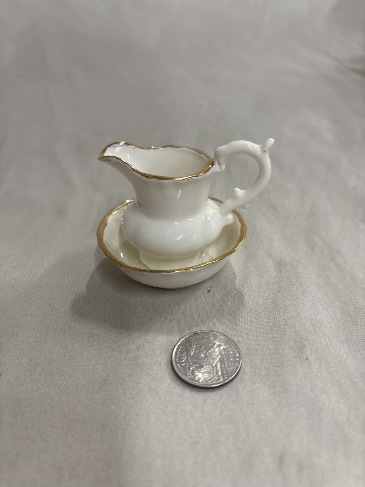 Vintage Mini Creamer And Saucer White With A Gold Trim #B30