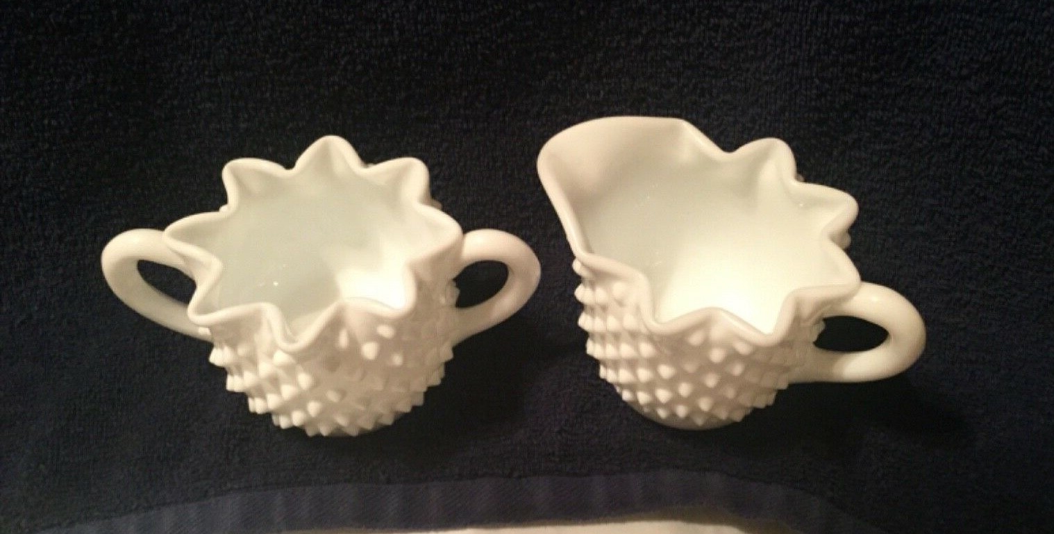 Vintage Fenton Hobnail White Milk Glass Star Sugar Bowl & Creamer #3906 Lovely