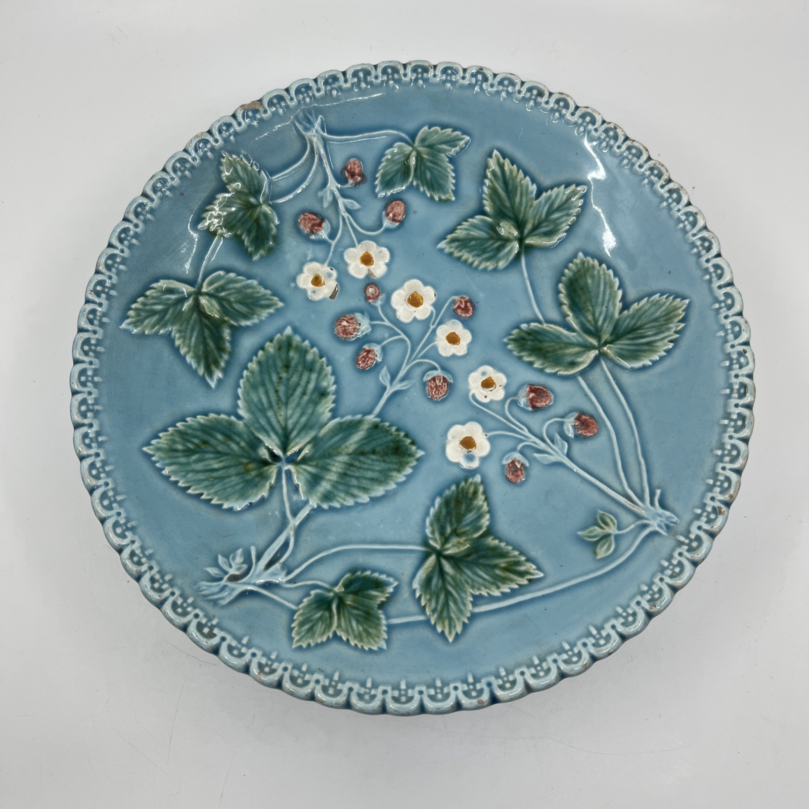 Vintage Zell Majolica Strawberry Pattern 9.25” Pedestal Plate Stand Blue Green