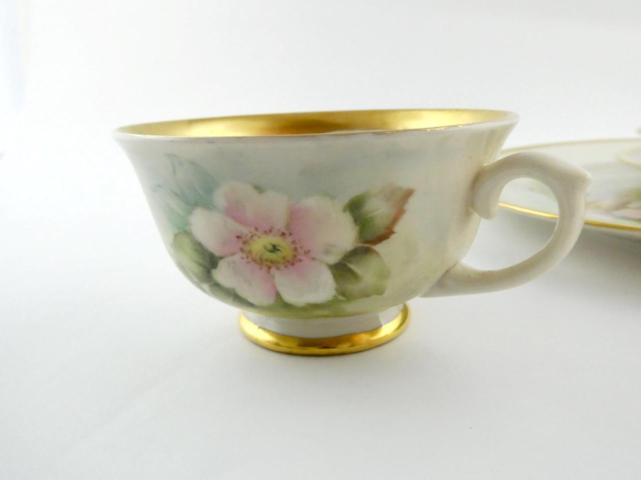 1970s Hand Painted Porcelain 4 Piece Place Setting Apple Blossoms Signed VGOOD