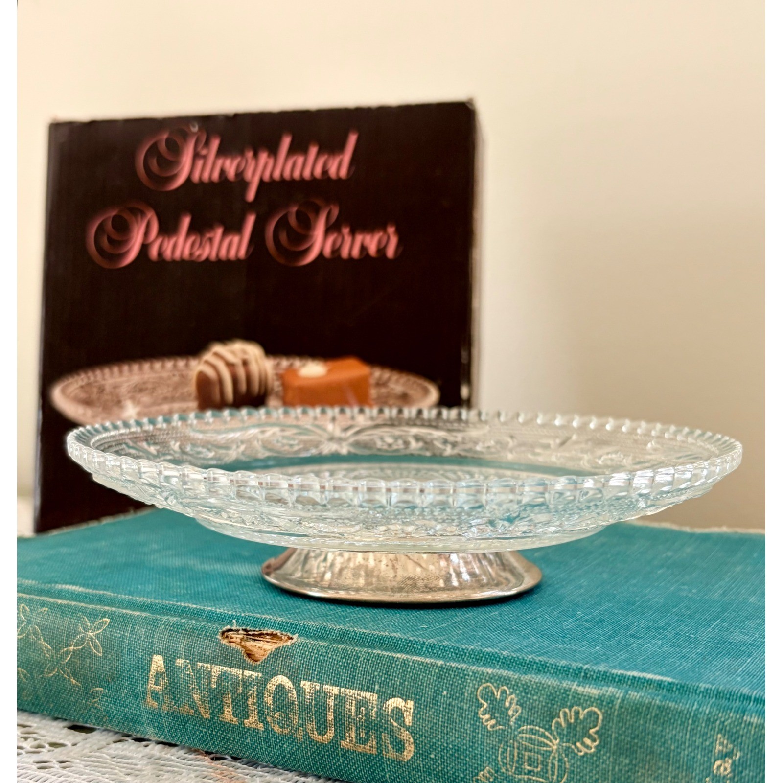 Vintage Silverplated Pedestal Server Pressed Glass Candy Dish AC 13922 Clear