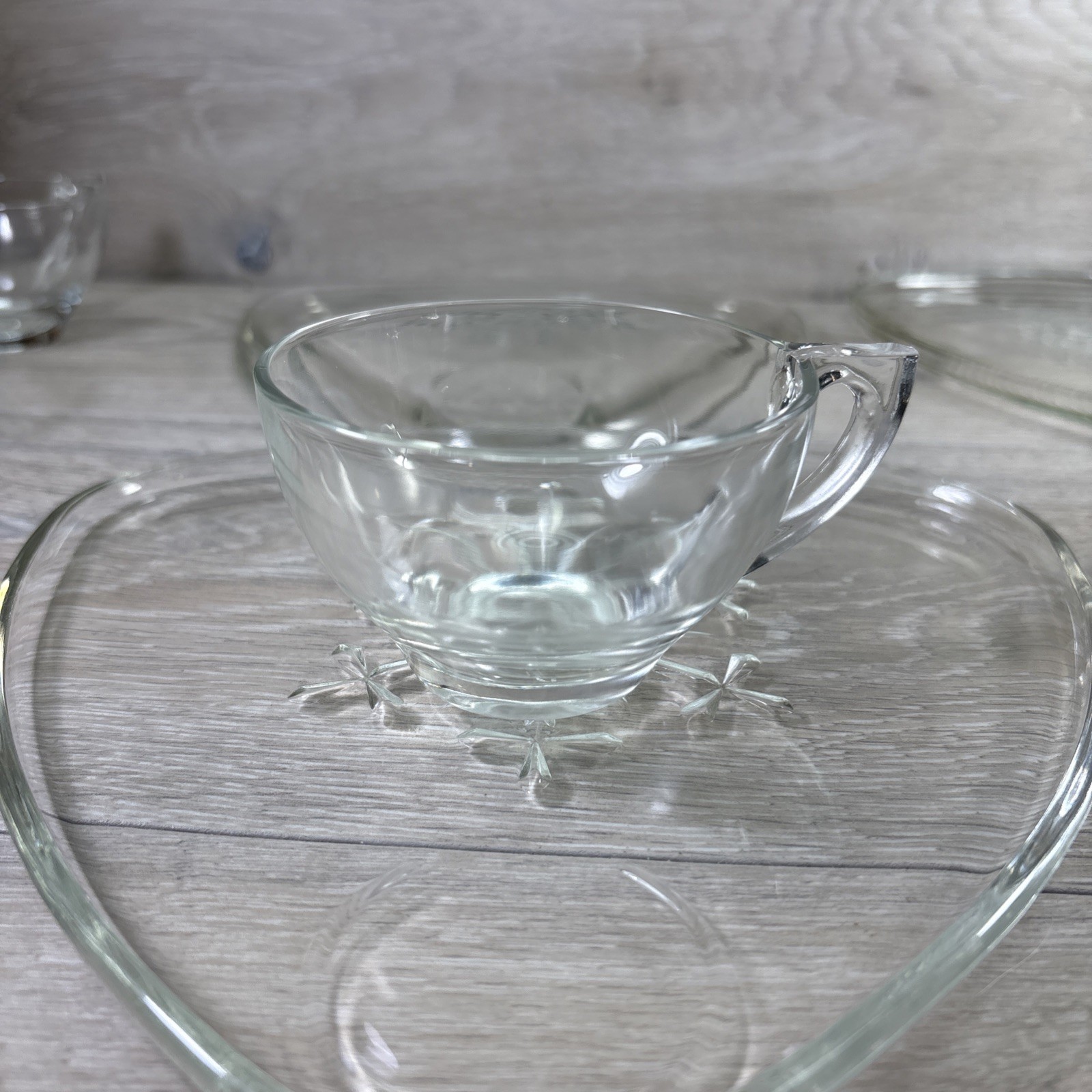 Vintage Indiana Glass 4 Diff. Snowflake Triangle Snack Plates W/Cups set 8.75”