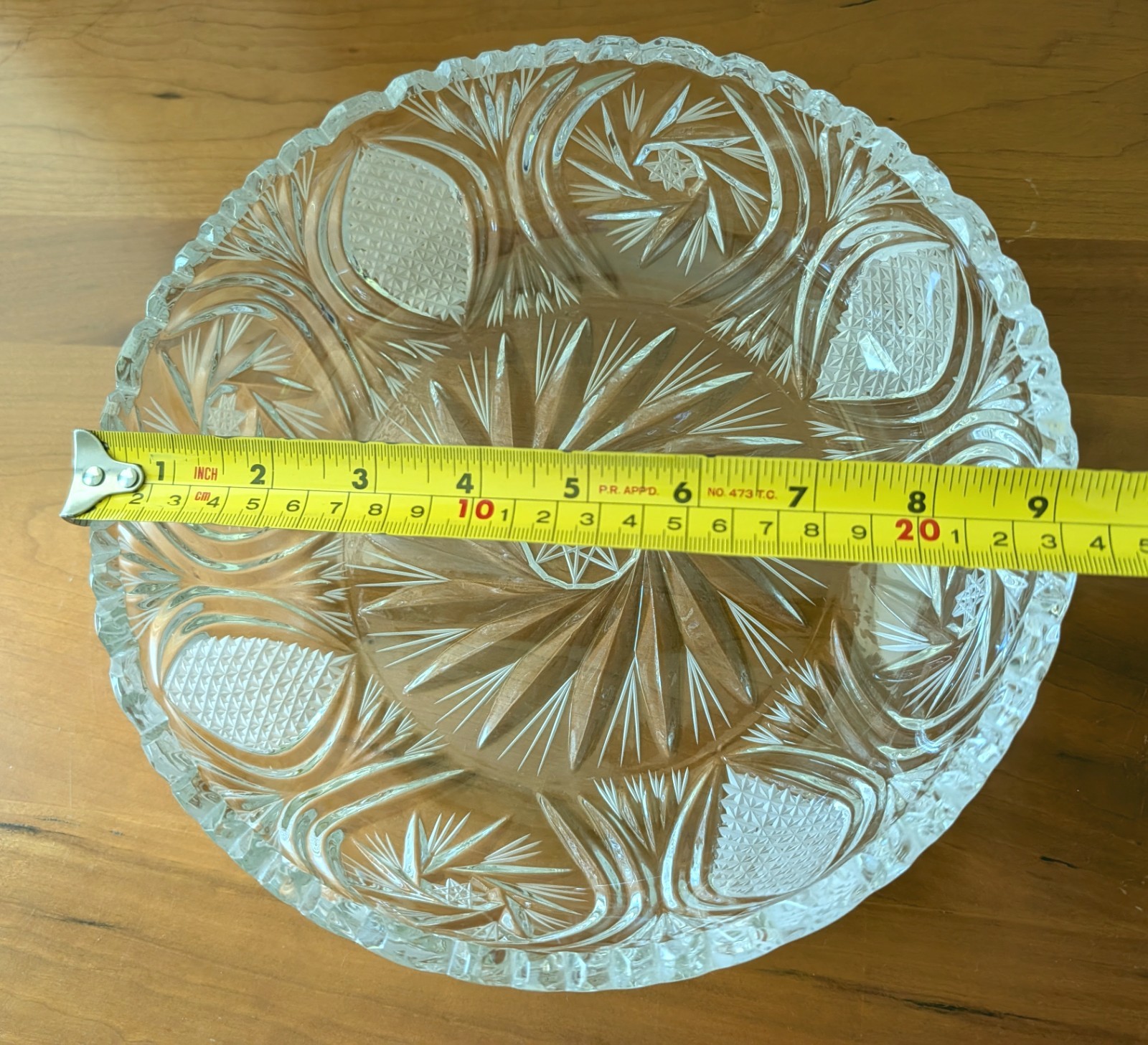 Vintage Cut Crystal Serving Bowl 9″ Starburst Fan Pattern Heavy Clear Glass
