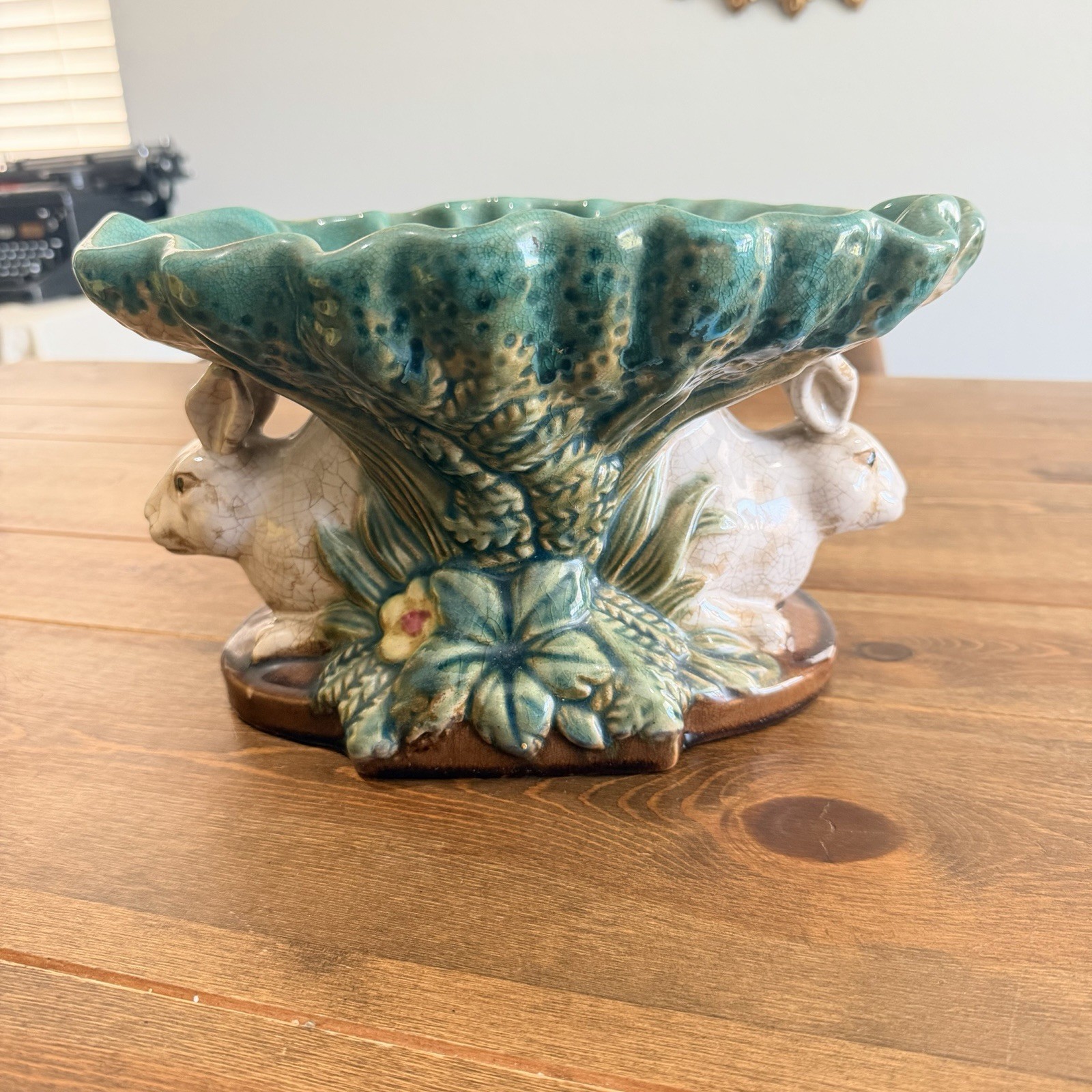 Vtg Majolica Double Rabbit Pedestal Compote Fruit Bowl Centerpiece Easter