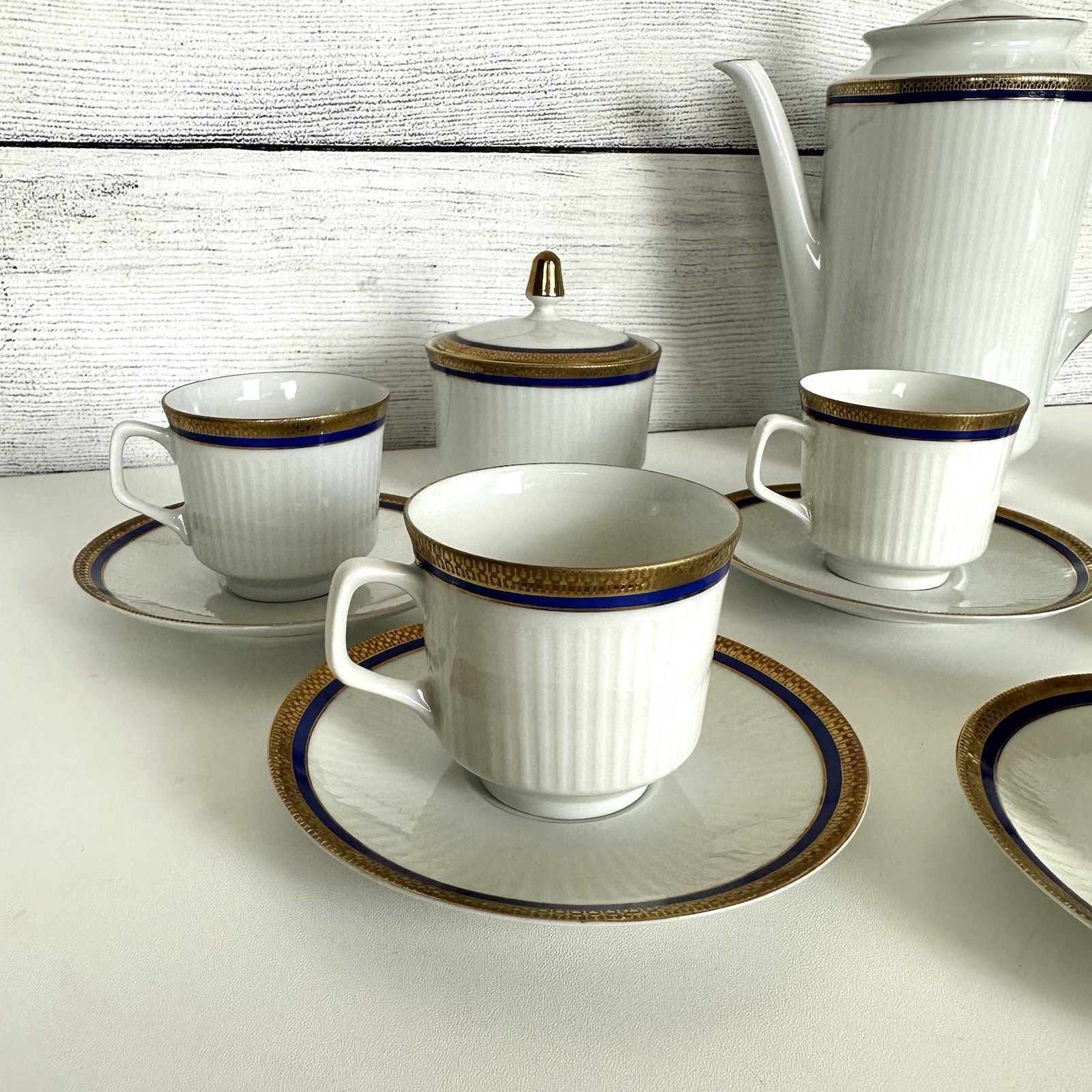 VTG Bareuther Bavaria Germany 100th Anniv. Coffee Set White Cobalt Gold 14 Piece