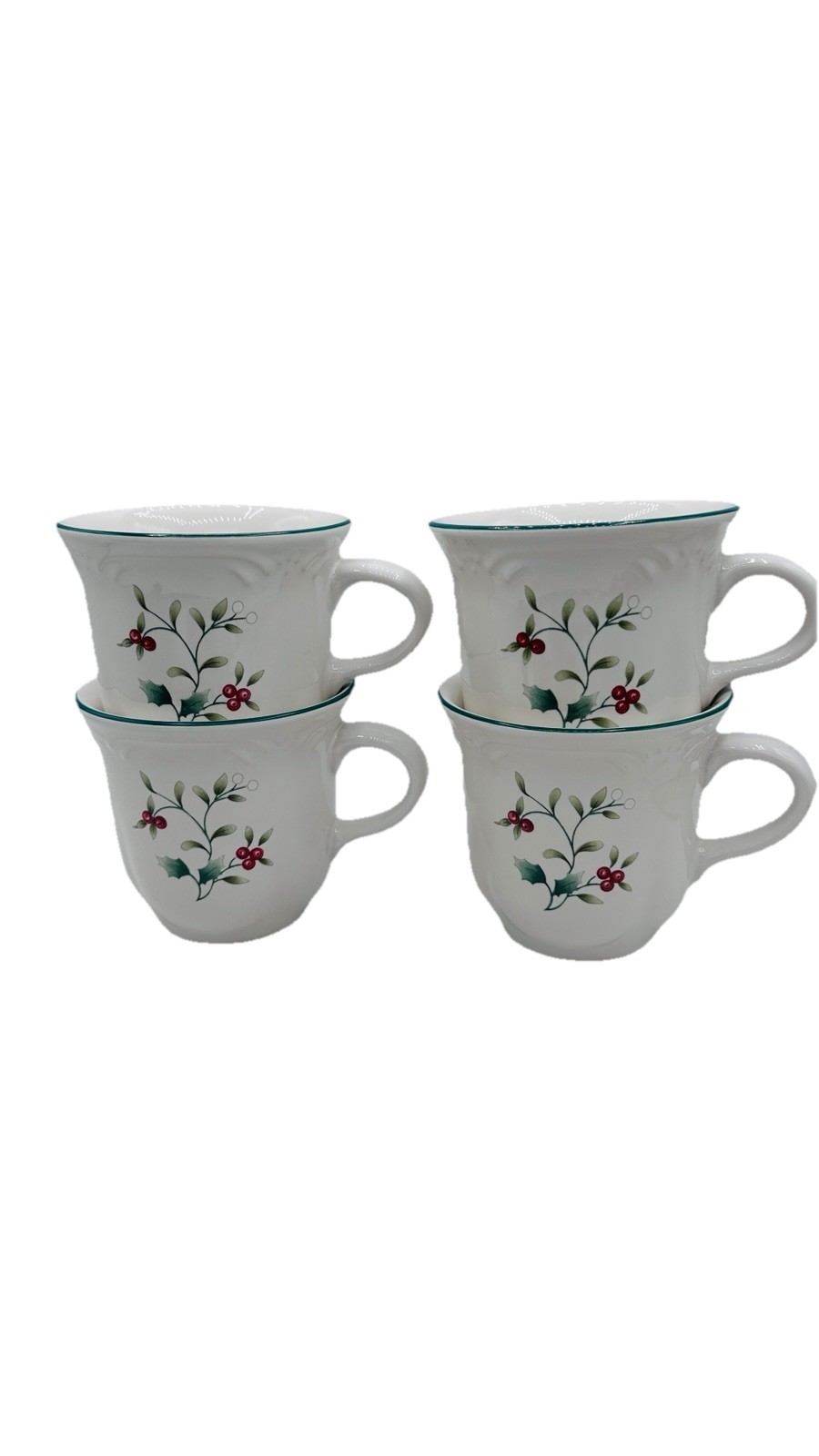 Pfaltzgraff Winterberry Set 4 Coffee Mugs Holly Berry Green Rim Stoneware
