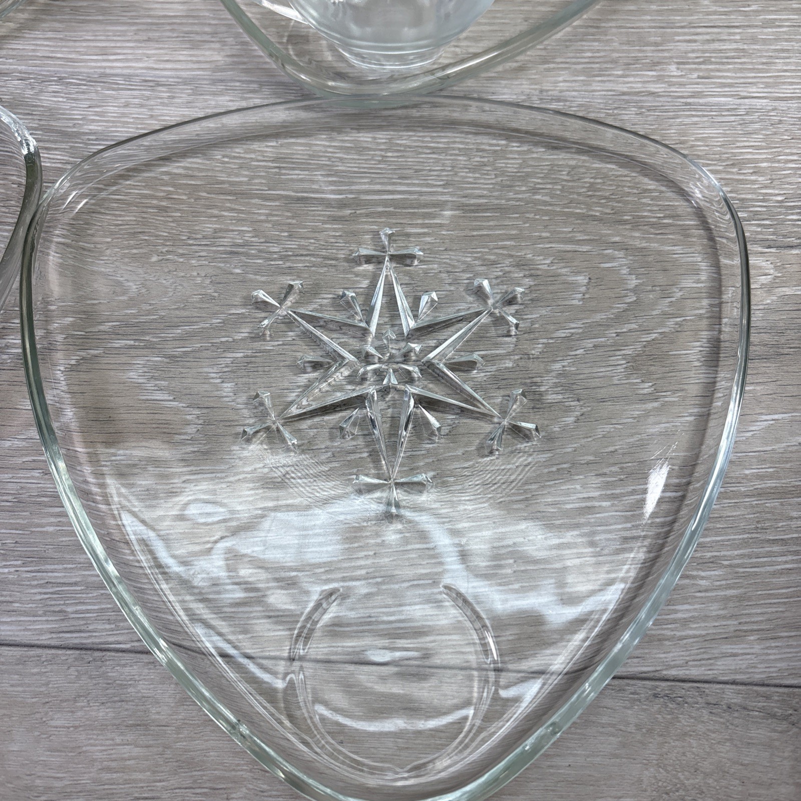 Vintage Indiana Glass 4 Diff. Snowflake Triangle Snack Plates W/Cups set 8.75”