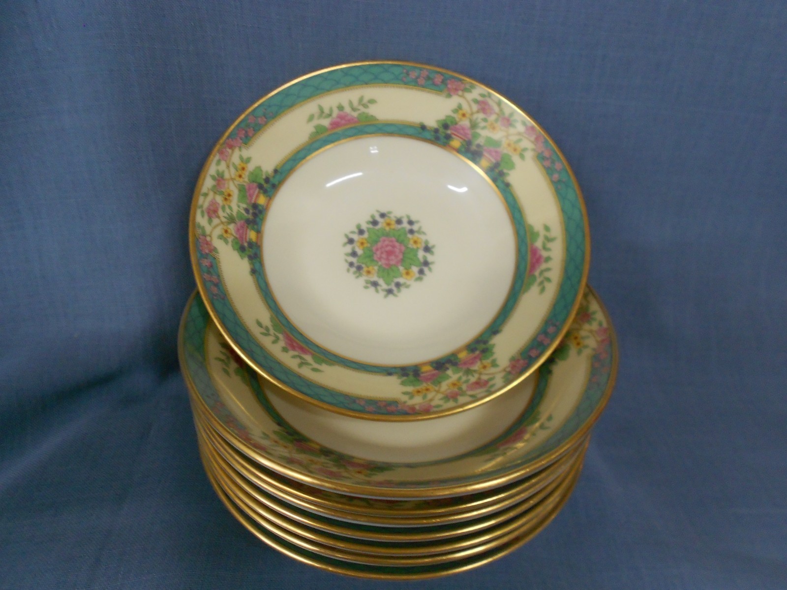 4 Vintage Lenox Monticello Side Bowls Teal Pink Floral 5 1/2 inches