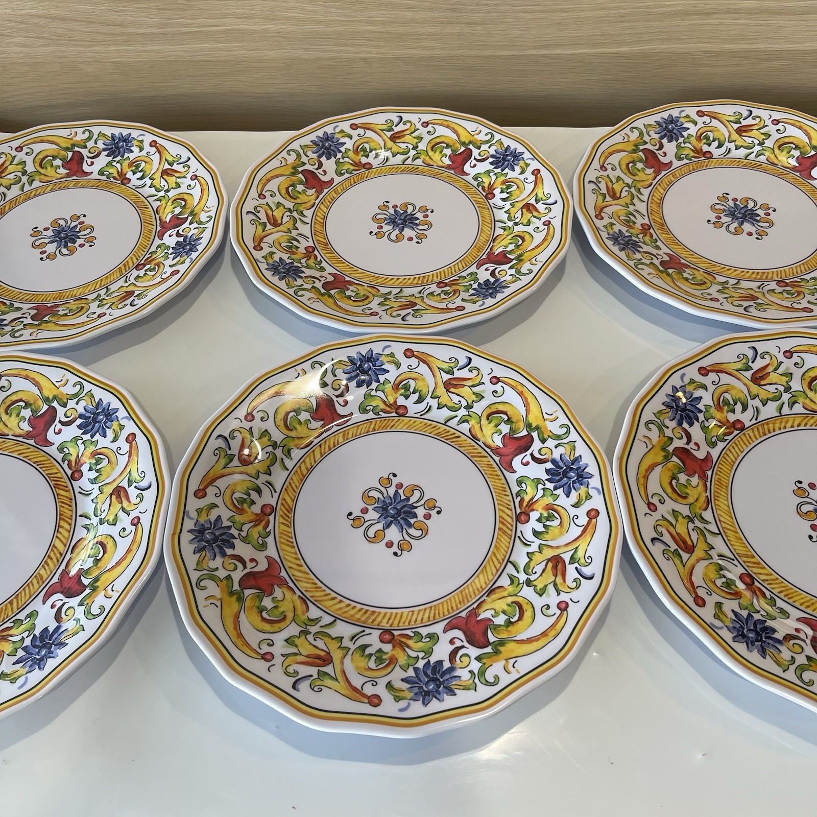 Sur La Table Floreale Melamine Dinner Plates Set Of 6 Yellow Italian Scroll 11″