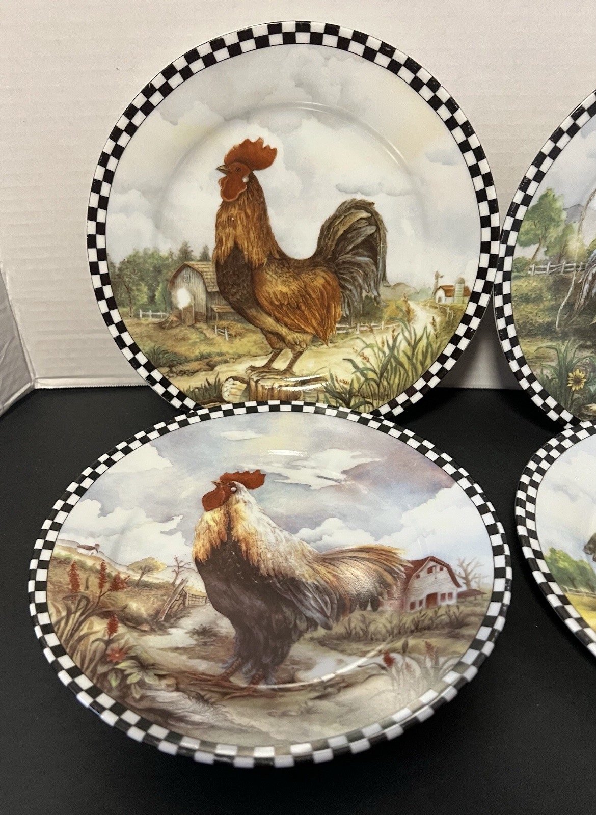 Farmhouse Set of 4 Ceramic Rooster Plates Rustic Black White Checker Border 8”W