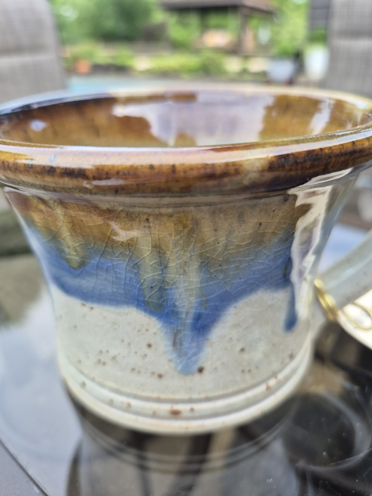NICHOLS POTTERY Brown Tan Blue Stoneware Civil War Cup – North Carolina – W/ Tag