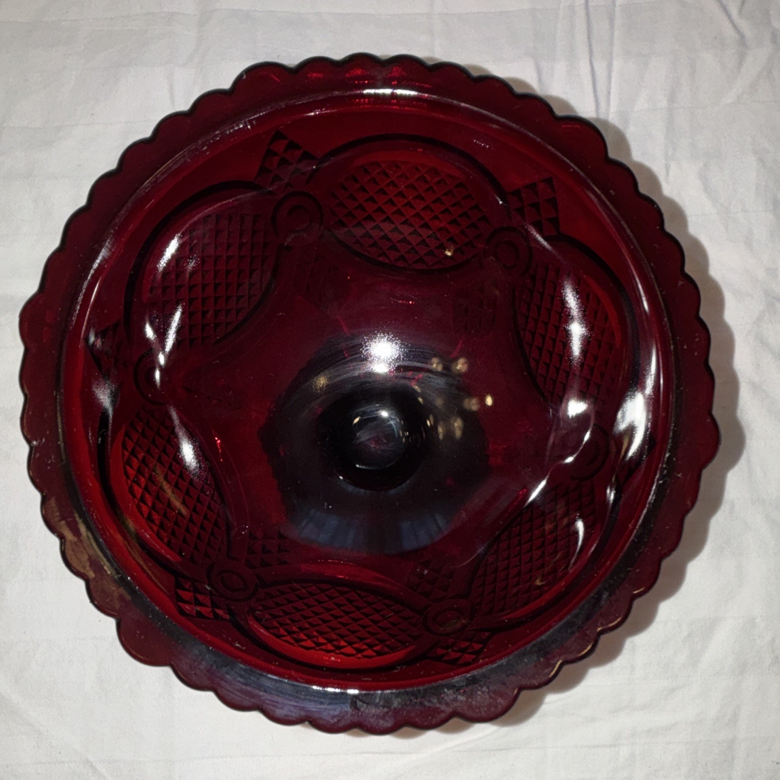 Avon Red Pressed Glass Diamond Pedestal Candy Dish