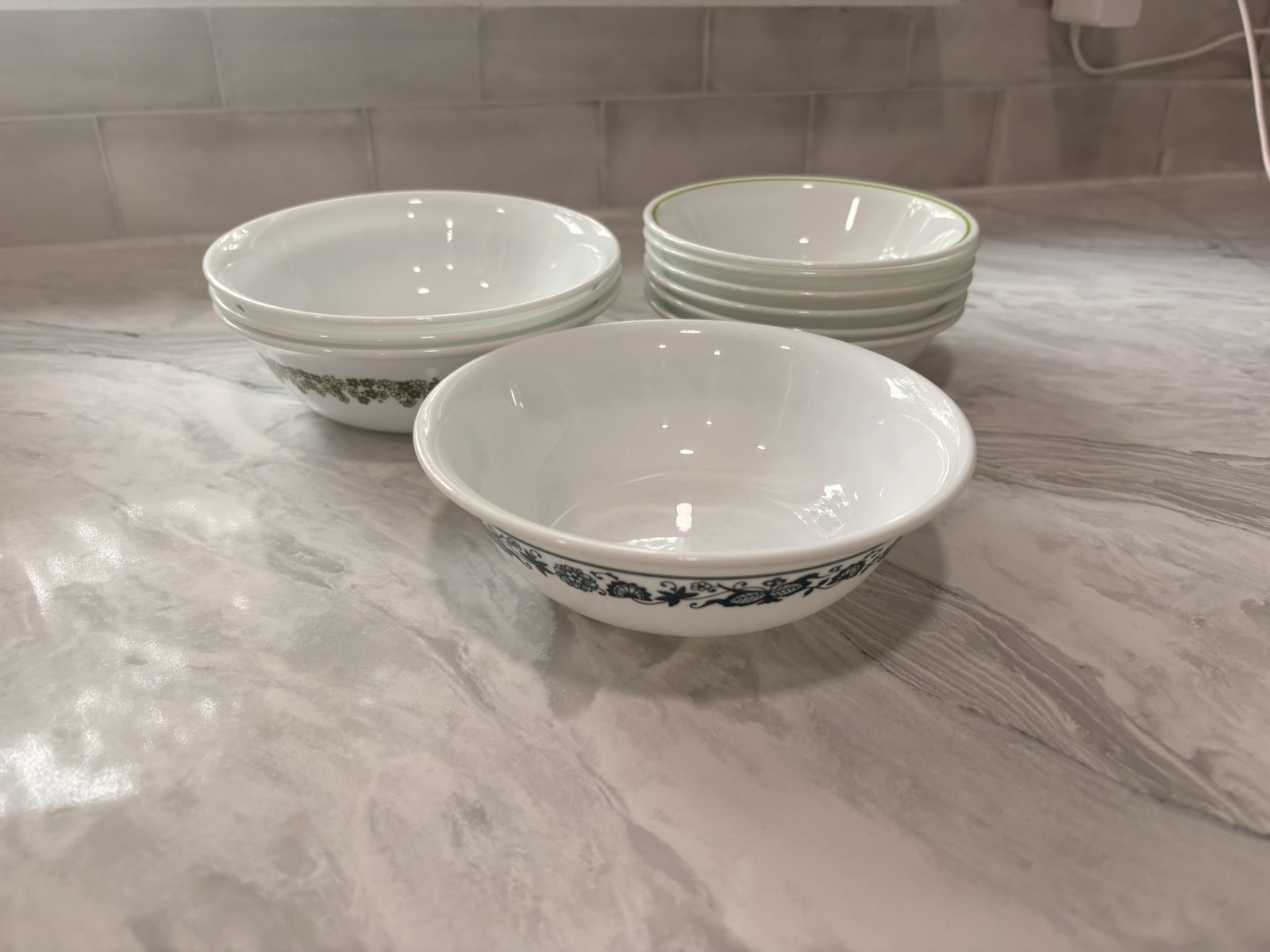 Mixed Lot Of Retro Corelle Bowls Large And Small Green, Blue And Plain 10 Total