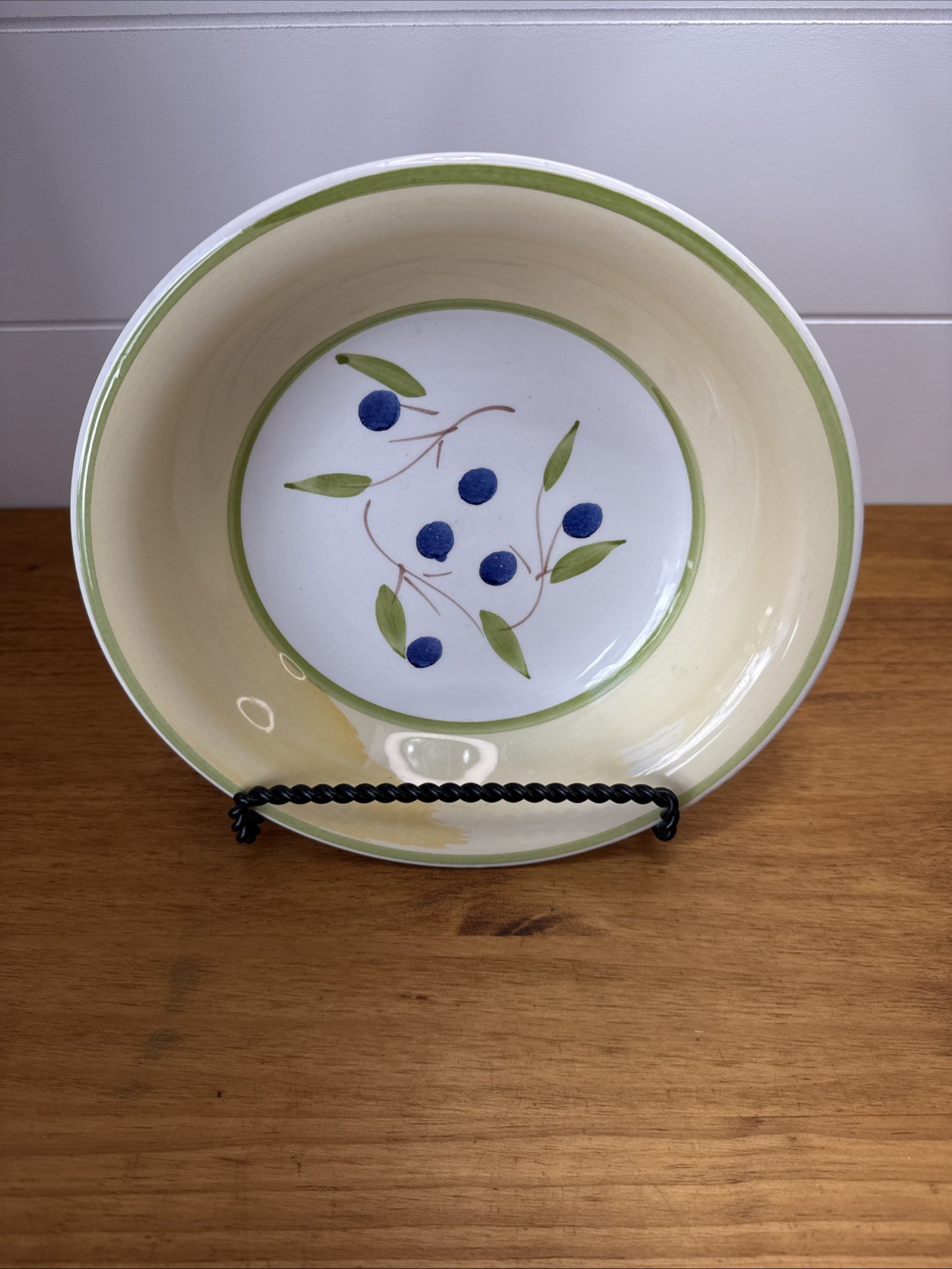 Vintage CMS Italy Hand Painted Blue Berry Bowl 8.25” Yellow Green Rim