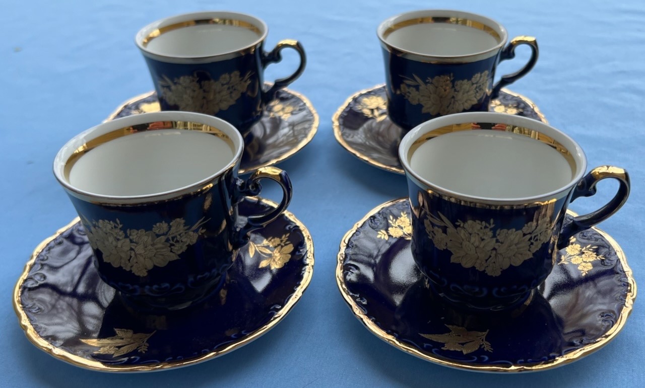 4 Mitterteich Bavaria Cobalt Echt Gold Wildflowers Demitasse Cup & Saucer Sets