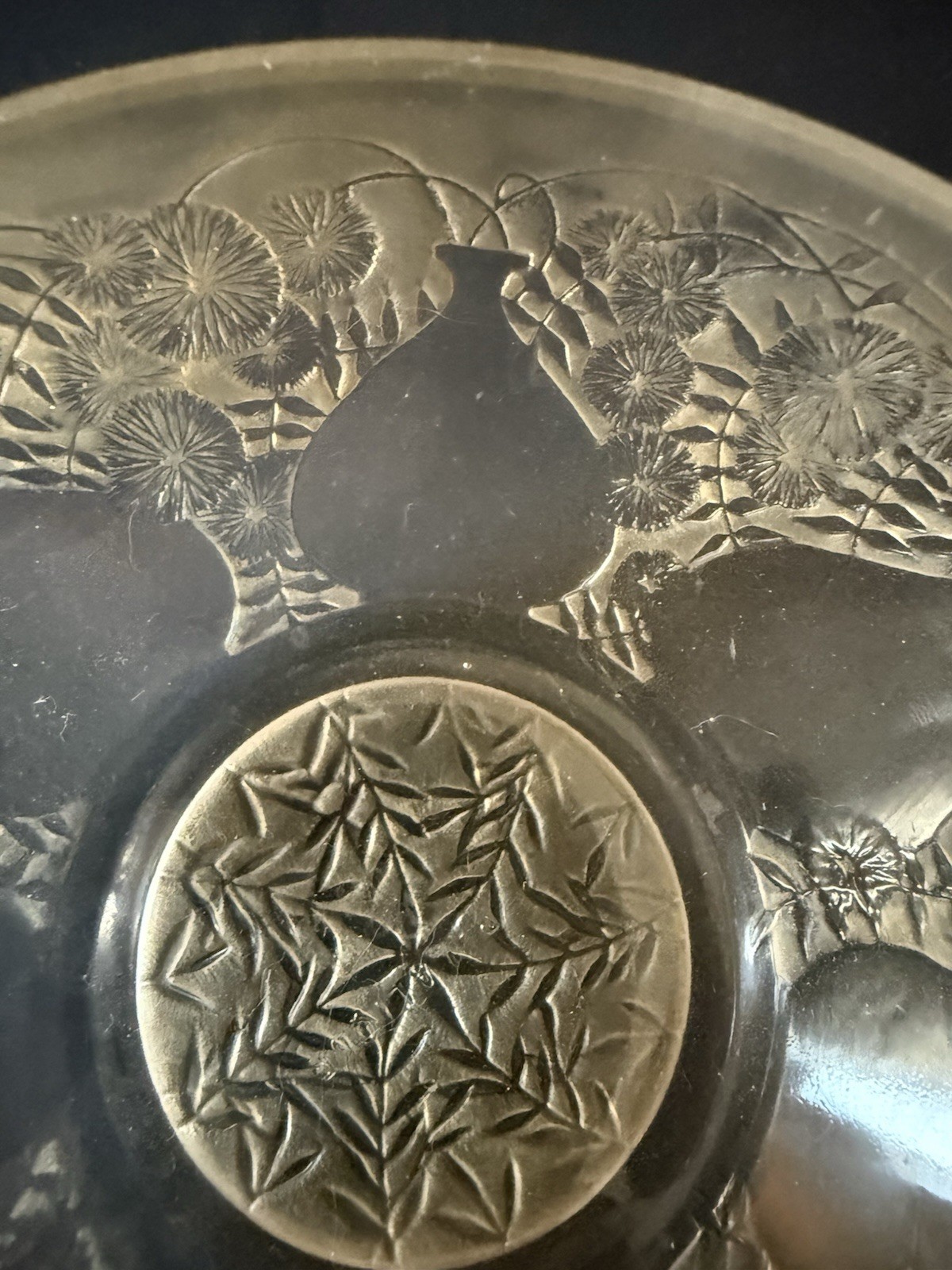 René R Lalique France Vases Bowl 5in Art Deco Nouveau Sepia Stain Glass 1927