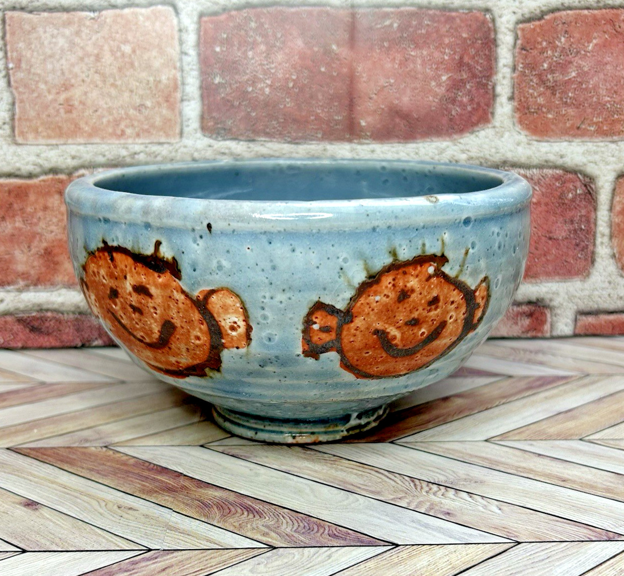 Pottery Bowl Faces Footed Artisan Handmade 6” Diameter 3.5″ Tall Blue Whimsical