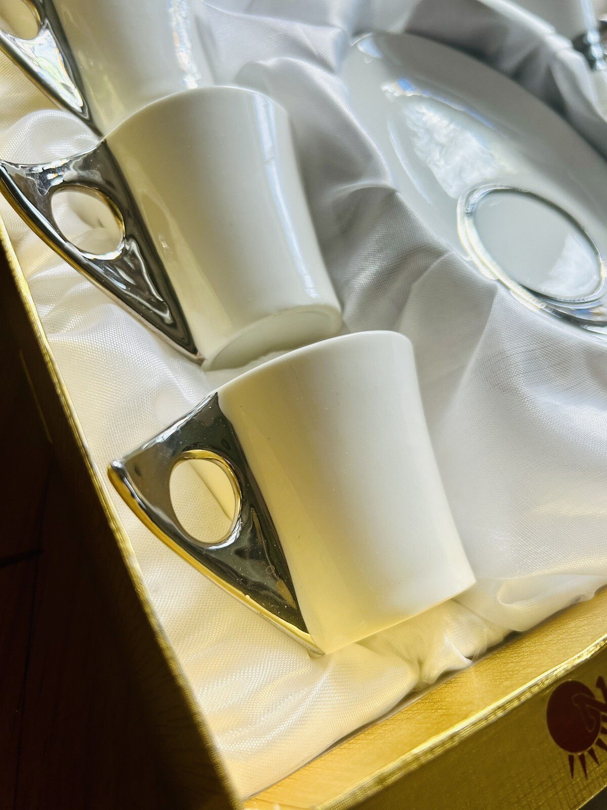 Nour White & Silver Porcelain Demitasse Cups And Saucers Twelve Piece Set