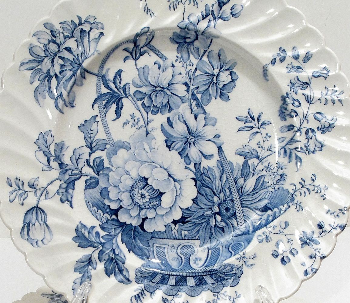 Set 6 Antique Clarice Cliff Charlotte Blue Transferware 10” Dinner Plate England
