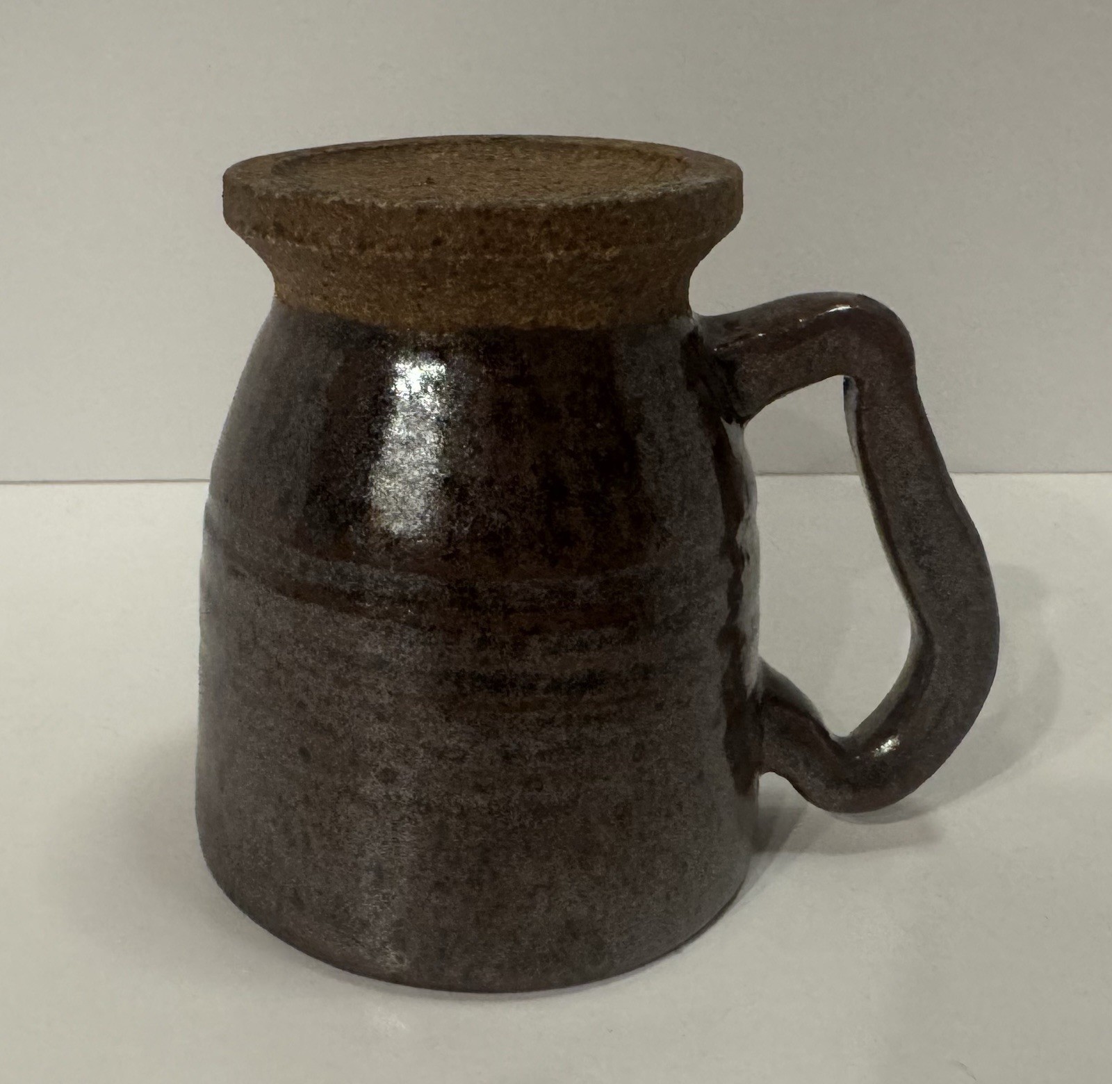 Studio Pottery Hand Thrown Stoneware Mug, Able Drip Glaze, Signed “L” 3-2017