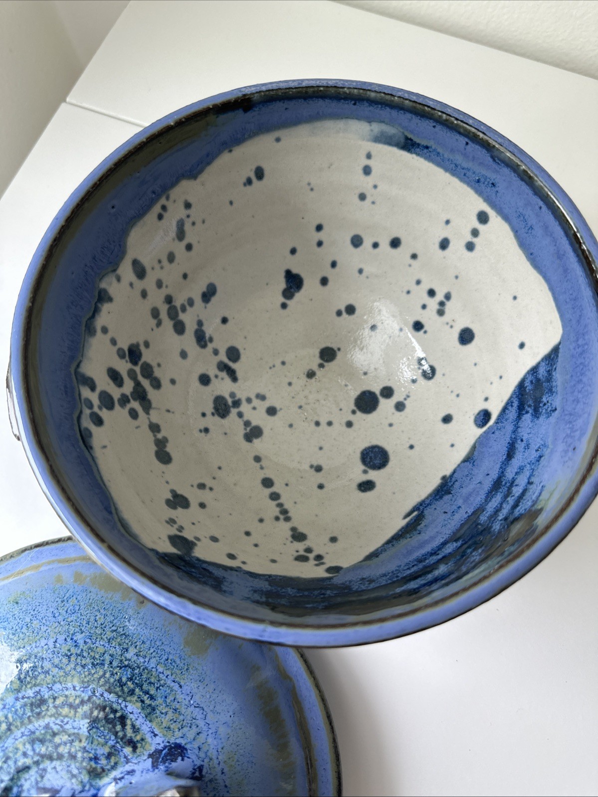 Vintage Studio Pottery Covered Bowl Blue Glaze Handmade Ceramic Dish