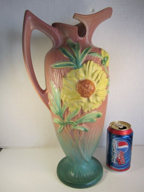 VTG Roseville PEONY Pottery Pink To Green 9-15″ Large Handled Ewer Pitcher
