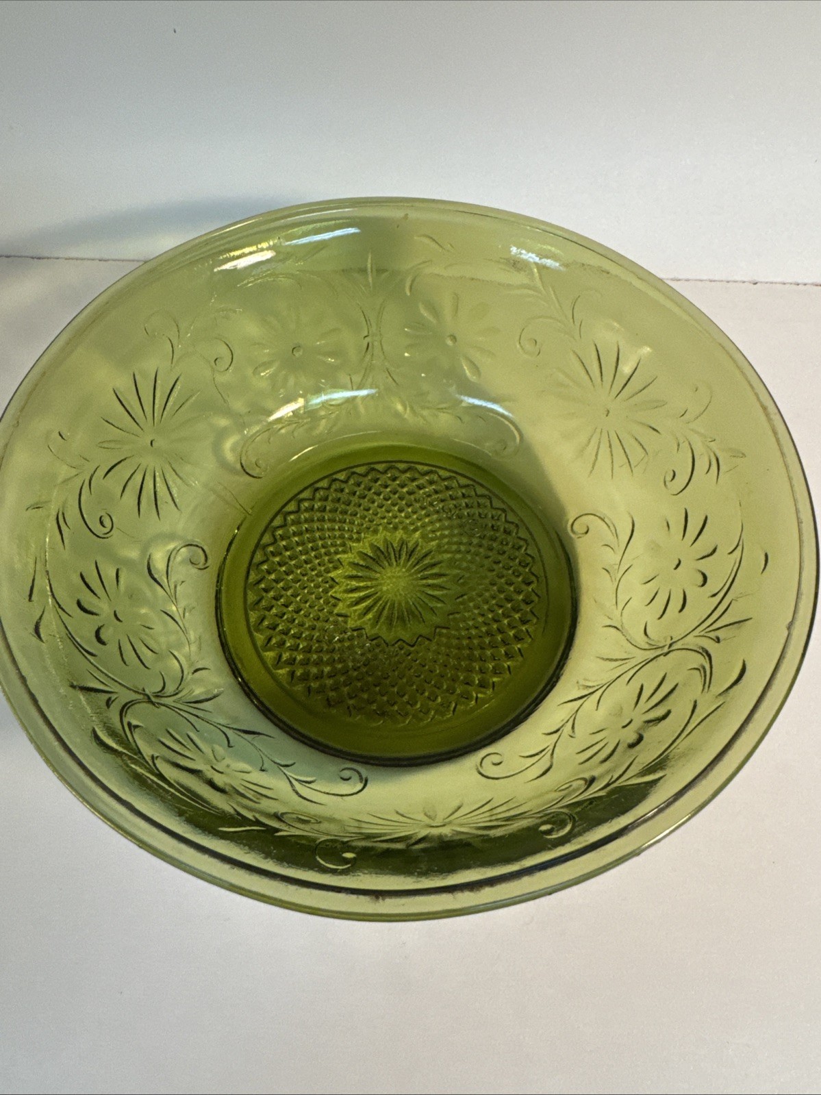 VTG 1979 Olive Green FTD Embossed Floral Glass Serving Bowl – 7 1/2 Vintage