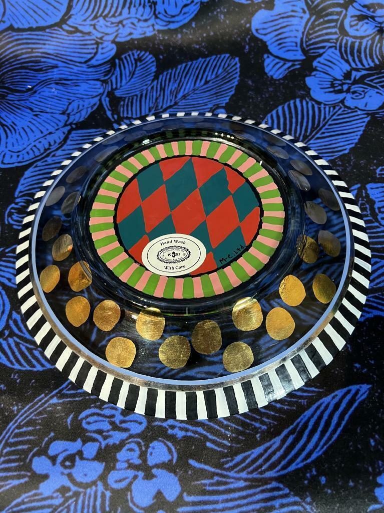 McKenzie-Childs Hand Painted 9″ Circus Carrera Glass Plate and Tumbler Set