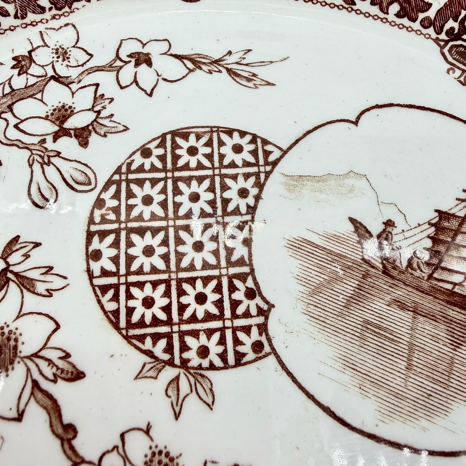 Antique Copeland Spode Aesthetic Brown Transferware Ship Small Platter Tray 1882