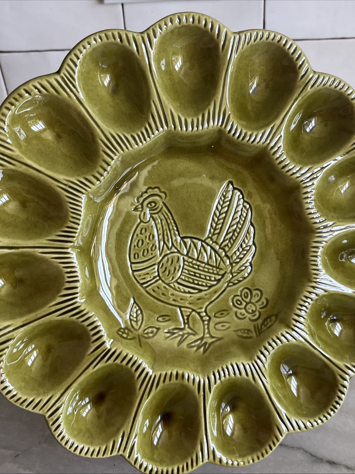 Vtg. California Pottery Deviled Egg Platter Olive Green Hen Chicken S29 USA