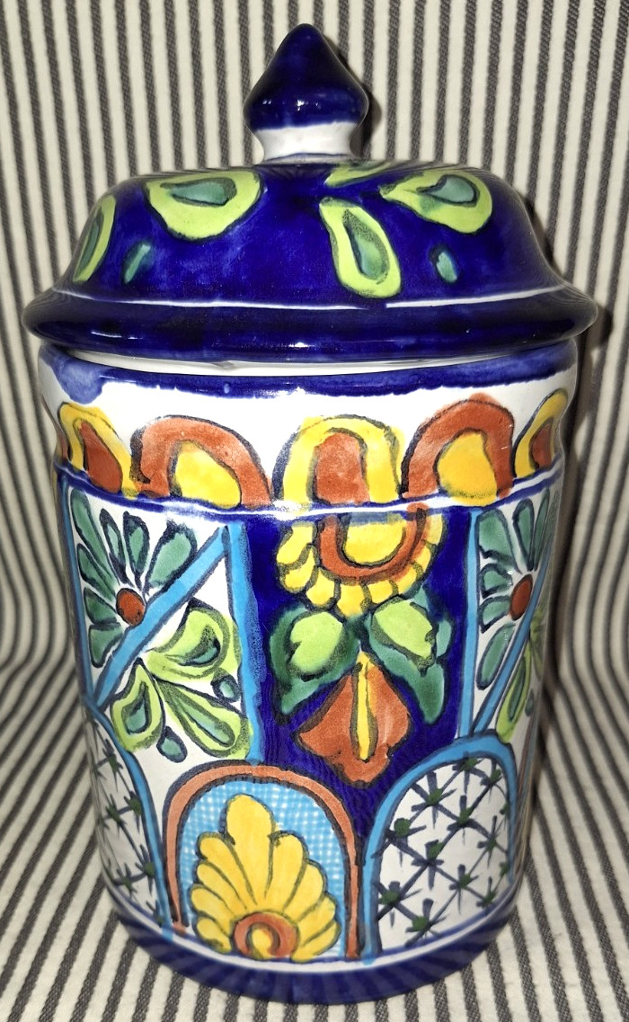 VTG w/ORIG 1997 TAG TALAVERA TIBOR LA CORONA 5″ ART POTTERY HEXAGONAL JAR w/LID