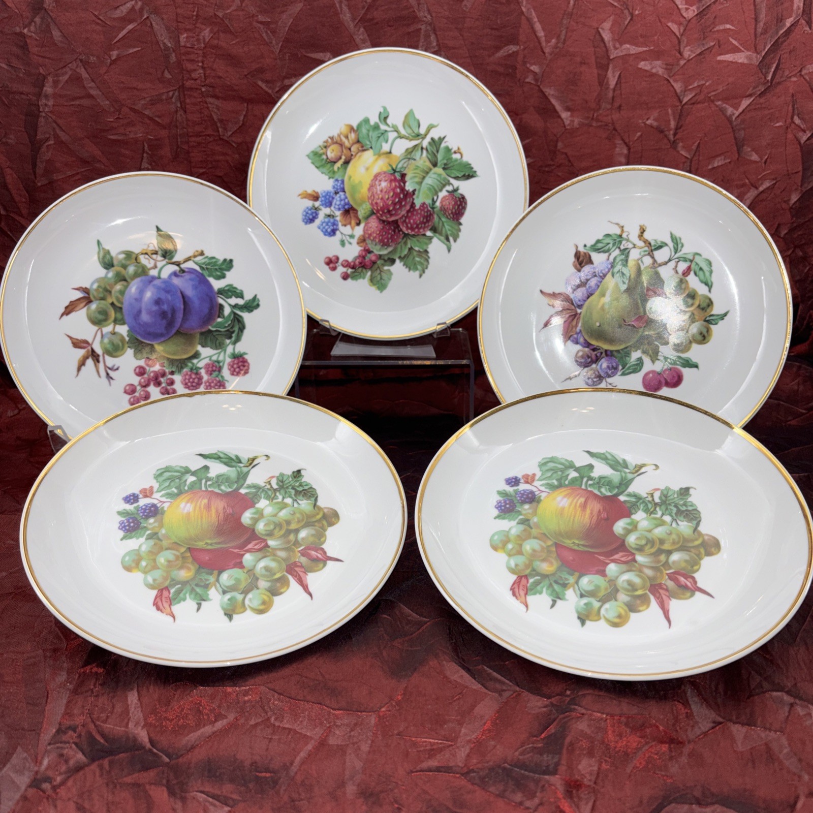 Vintage Naaman Israel Fine Porcelain Fruit Design Plates Set of 5 Gold Trim EUC