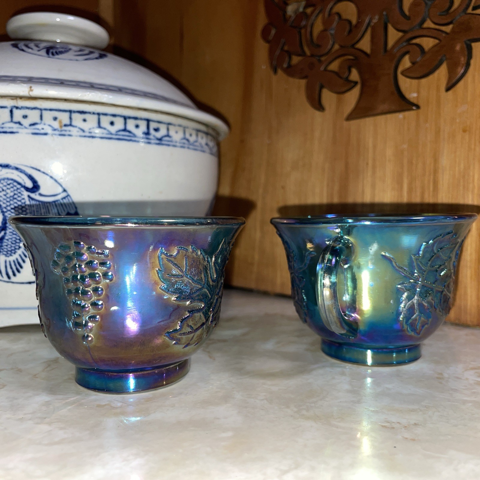 2 – Vintage Iridescent Blue Indiana Carnival Glass Grape Harvest Punch Cups