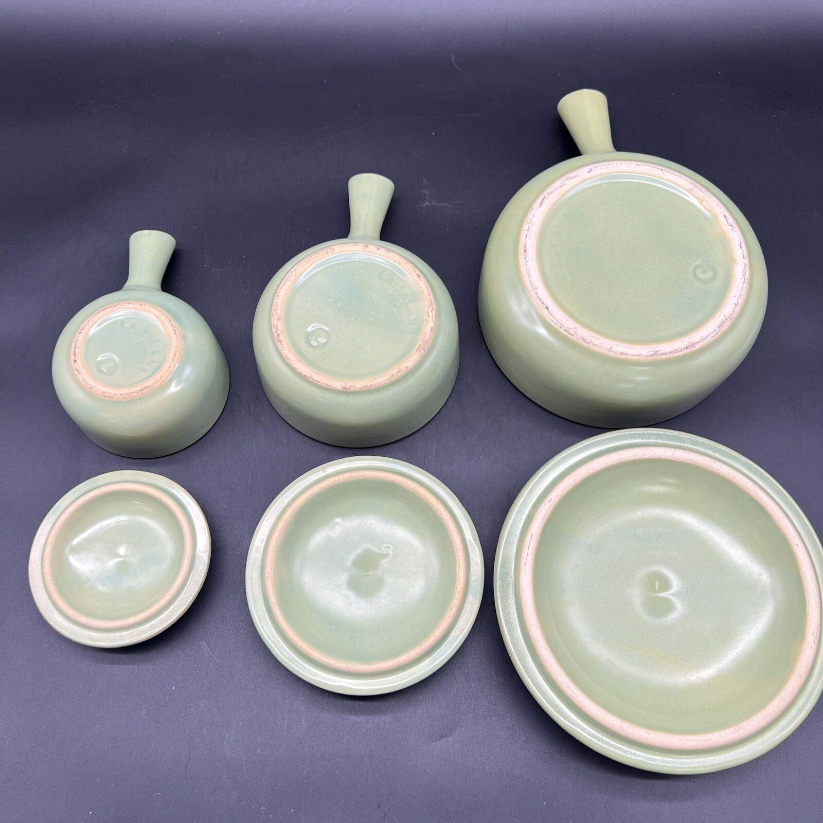 Vtg MCM La Solana Pottery Mint Green Set Of 3 Round Casserole Bowls Pots Lids