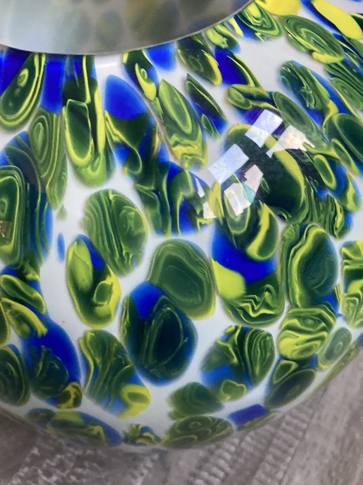 Round Ball Vase Cobalt Blue Yellow Green & White Glass.