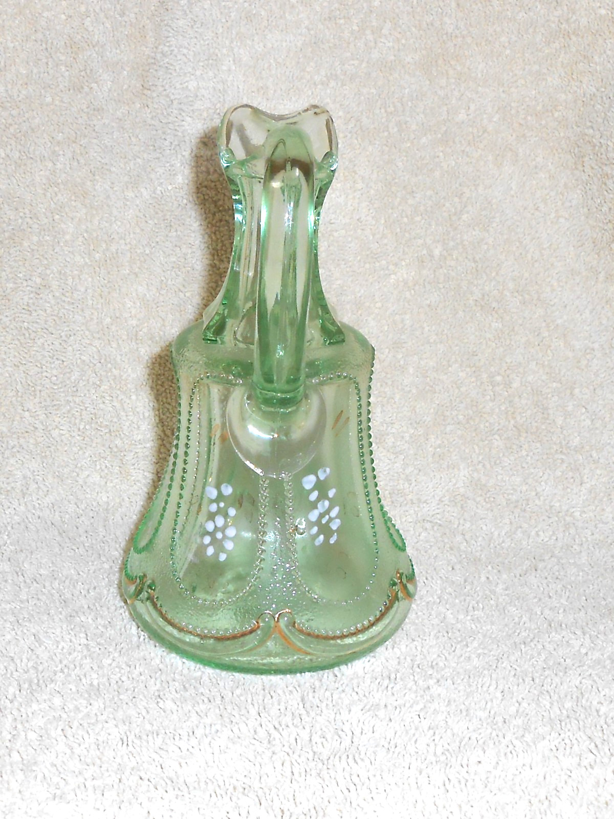 EAPG DUGAN “BEADED OVALS SAND PATTERN” CRUET APPLE GREEN c1905-1909 – NO STOPPER