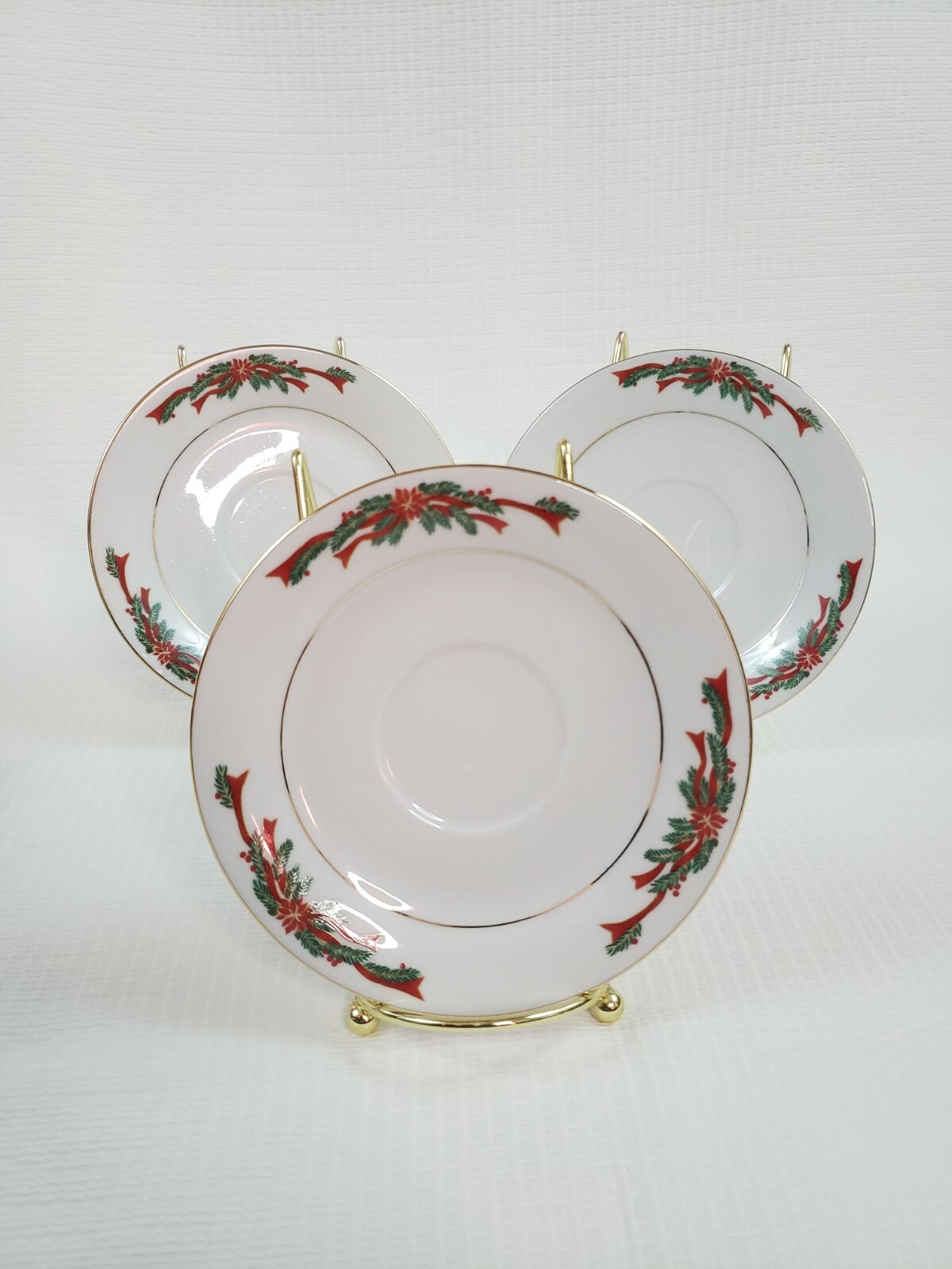 6 Tienshan Poinsettia Red Ribbon Ceramic Fine China Teacups Saucers