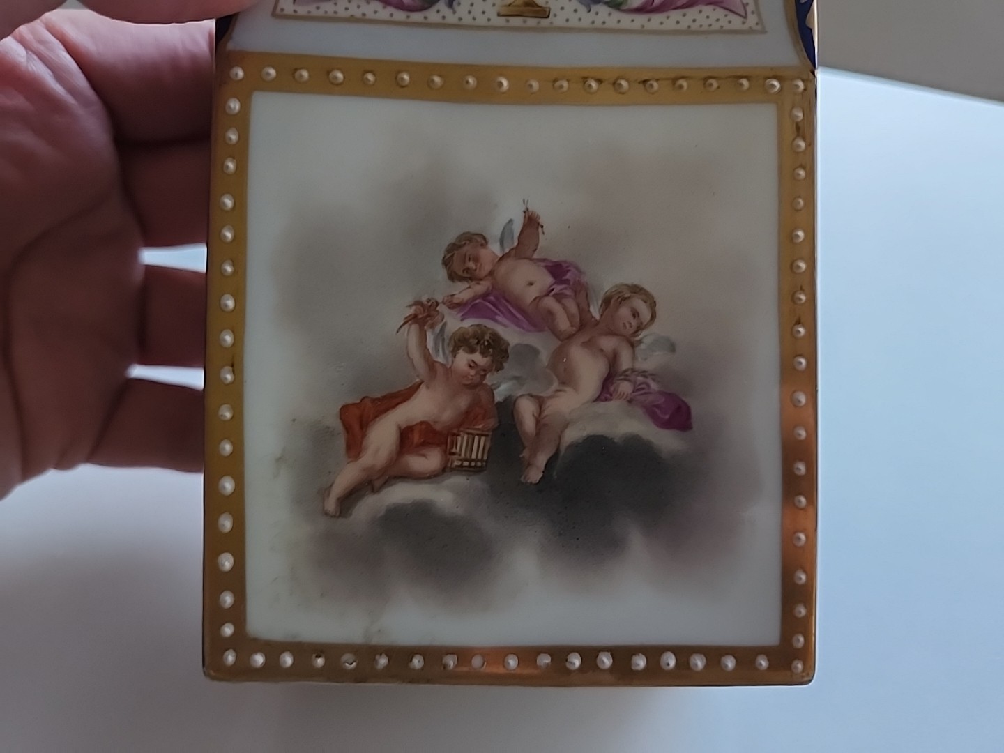 Antique Porcelain Tea Caddy c. 1790–1820 Hand Painted Putti Neoclassical Contine
