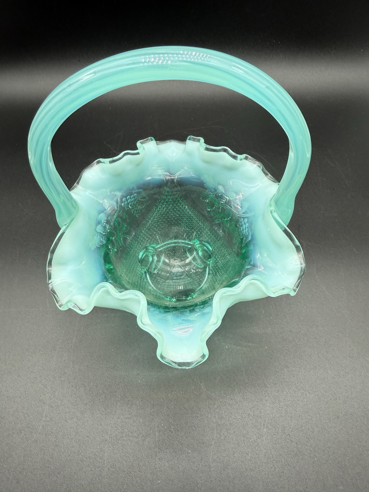Fenton Three Toed Footed Basket Dish Bowl Aqua Blue Opalescent Grapevines
