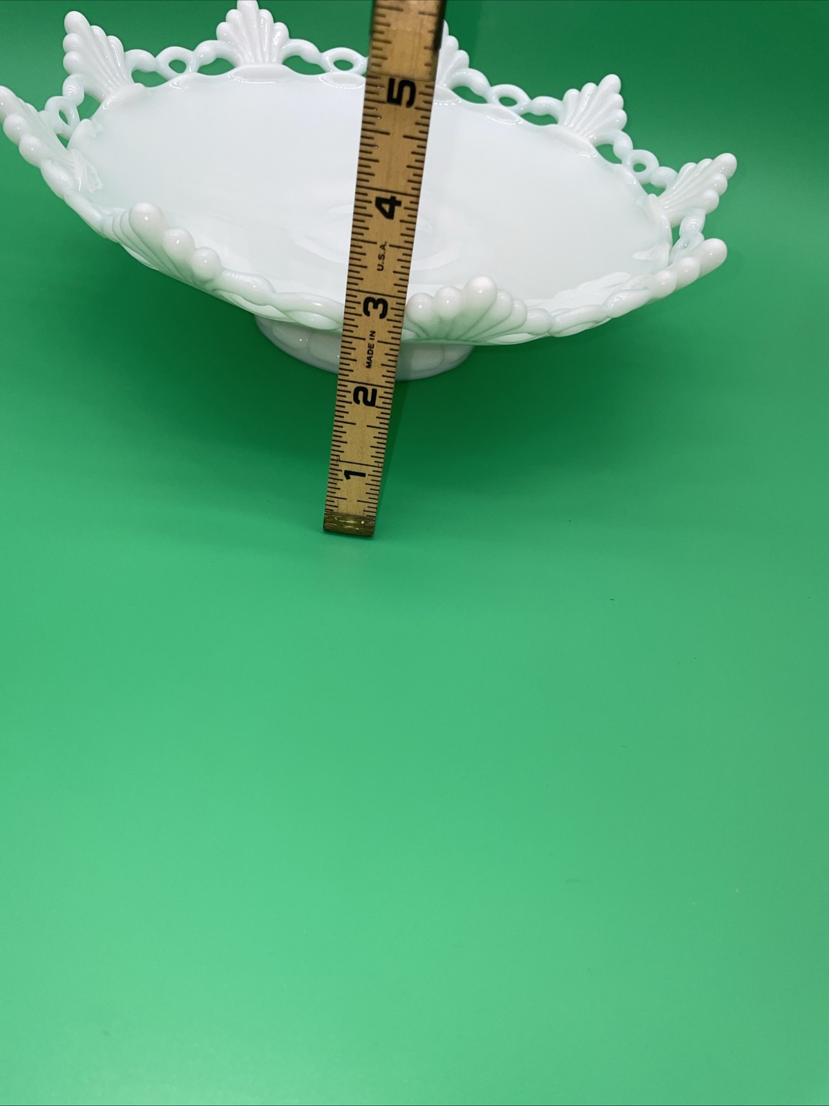 Milk Glass Pedestal Bowl 10” Lace Edge Pedestal Trim Vintage 3” Tall Fruit Dish